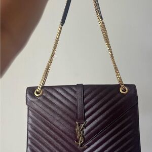 Saint Laurent Quilted Shoulder Bag in Dark Burgundy with Gold Hardware